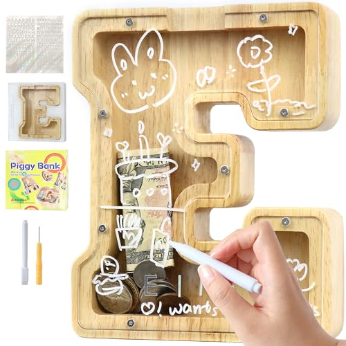 Lakpopya Spardose für Kinder Jungen Mädchen Personalisiert Durchsichtig mit Buchstabe Holz A-Z, Zielbereich, Aufkleber & Marker - Taufe Geschenk Dekoration (E)