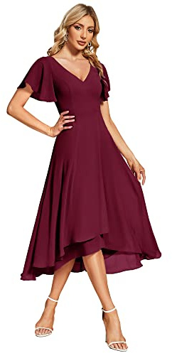 Ever-Pretty Robe Témoin de Mariage Asymétrique High Low Col V Manches Volantées Mousseline Midi Taille Empire Belle Robe Soirée Chic Casual Bordeaux 50