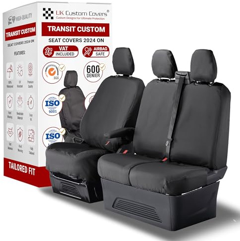 To Fit Ford Transit Custom Seat Covers 2023 On Front Set | Waterproof & Heavy Duty, Airbag Compatible, Easy To Fit - Tailored Driver & Double Passenger no Tray Black