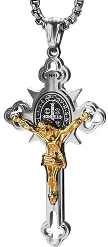 bahamut Jesus INRI Crucifix Saint St. Cross Pendant Necklace for Men Boys Stainless Steel Religious Jewelry Rolo Chain (Silver Gold Cross)