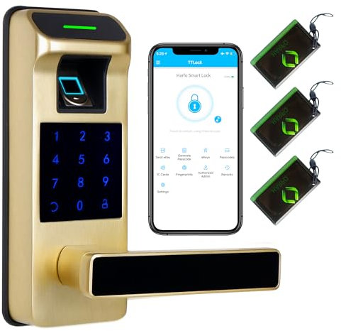 Harfo Fingerprint Door Lock, Heavy Duty Full APP Control Touchscreen Keypad Keyless Lock with Reversible Handle, Perfect for Home/Office/Bedroom Doors (Gold)