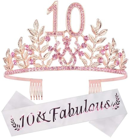 GIVBRO Diadem zum 10. Geburtstag, Zahlenblätter, Strass-Krone mit Kämmen, Schärpe für Mädchen, Party-Dekorationen