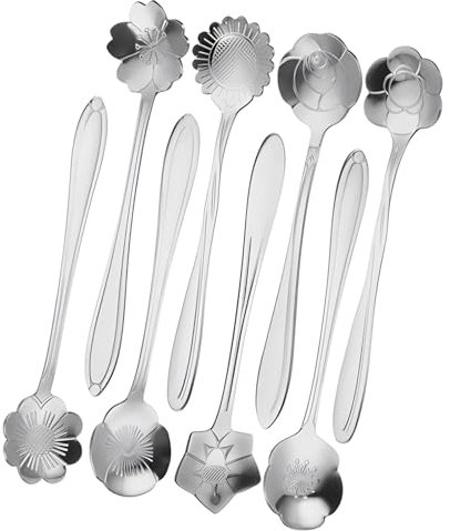 JYJLLM Brand 8 Rose Shaped Dessert Cutlery Spoons (Tea & Coffee) - Stainless Steel (Silvery) Set of 8