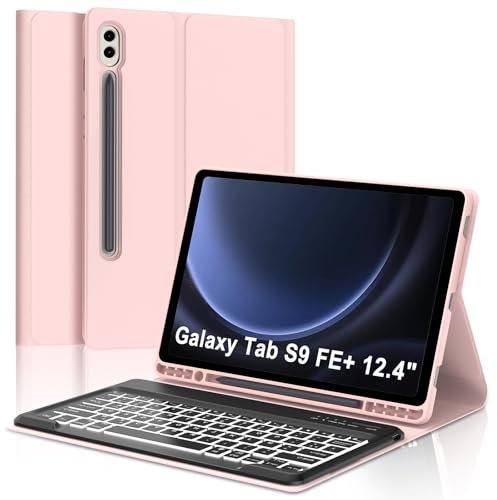 JADEMALL Coque Clavier pour Samsung Galaxy Tab S9 FE+ 12.4 2023, AZERTY Français Clavier Rétroéclairé Magnétique Détachable Bluetooth pour Samsung Tab S9 FE+ 12.4 2023, Rose