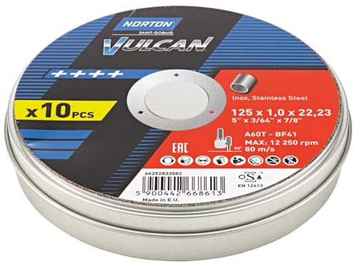 Norton VulcanTrennscheibe für Stahl Edelstahl Metall Inox Flexscheibe für Winkelschleifer | Ø 125 mm x 1,0 mm | 10 Stück in Metall-Dose