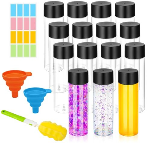 16 Pcs Clear Plastic Bottles Empty Sensory Bottles with Caps PET Plastic Juice Bottles Reusable Bulk Leakproof Drink Container Plastic Sensory Bottles for Juice Milk (Black Lid, 13.5 oz/ 400 ml)