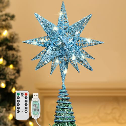 Lewondr Christmas Star Tree Topper, 3D Geometric Star Plugged Decorative Treetop with LED Light Beads for Home Holiday Xmas Tradition Moravian Decor 6-Hour Timer Function 5m Cable, SkyBlue