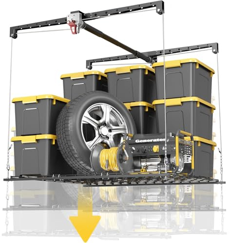 KOKORACKER Estante de almacenamiento de techo para garaje, 4 x 4 pies (1,2 x 1,2 m), elevador ajustable de estante de almacenamiento elevado para garaje, sistema de elevación de almacenamiento