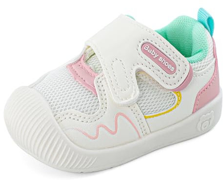 LACOFIA Chaussures Premiers Pas Bébé Fille Baskets Souple Bébé Chaussures de Marche avec Semelle Antidérapante en Caoutchouc Blanc/Rose 18 EU(Étiquette 16)