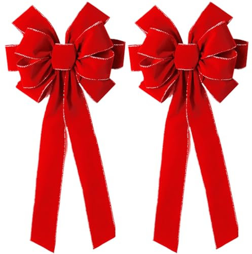 Big Red Bow, 2Pcs Velvet Christmas Bows 10x26 Large Red Bows with Glitter Gold Edge Unique Decorative Velvet Bows for Christmas Tree, Wreath, Window, Door, Velvet Bows for Christmas Tree