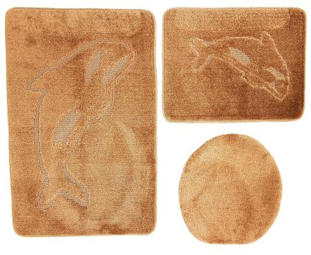 3- teiliges Badvorleger Set Ilkadim Export mit Delphin Muster, Bad Teppich 55cm X 85cm ohne Auschnit gerade für Hänge WC (Braun)