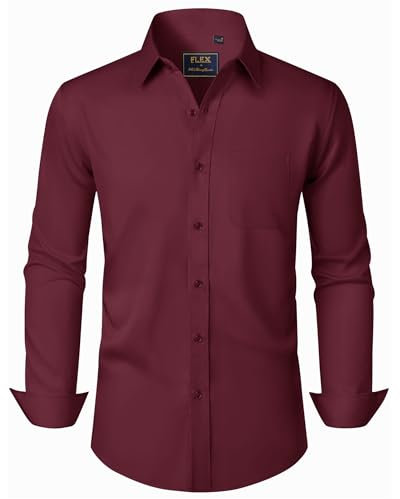 J.VER Shirts for Men UK Business Casual Long Sleeve Dress Shirt Fashion Stretch Non Iron Regular Fit Wedding Party Smart Top Burgundy S