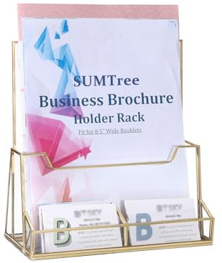 SUMTree Porte-brochures en métal doré avec porte-cartes de visite Support de documentation Support de présentation pour brochures Flyers 23 x 11 x 24 cm