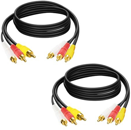 Qneneam 2 Pcs 1.5m 3 RCA/Phono Male Plug to 3 RCA, Triple 3 x RCA Phono Plugs, RCA Audio Video AV TV Cable Lead, Male to Male Cable, High-Performance Connection for Enhanced Audio & Video Experience