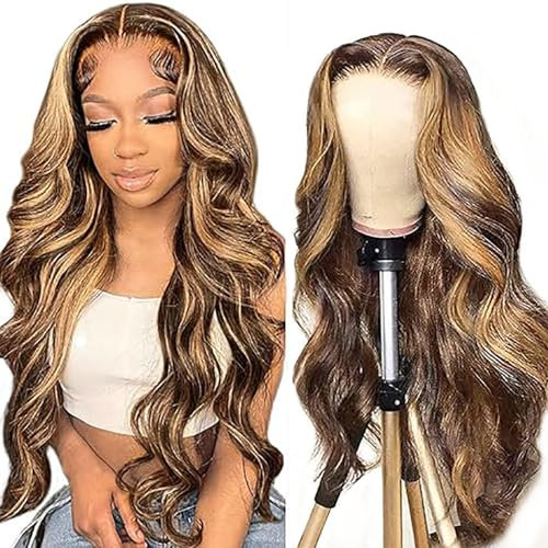AiPliantfis Body Wave Human Hair Wig Blonde Echthaar Perücke Damen 4X1 Lace Glueless Wig Wear and Go P427 Highlight Pre Plucked 150% Density Unprocessed Remy Hair 20 Zoll