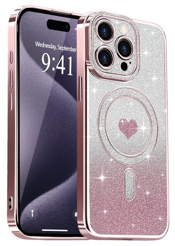 Lafunda Kompatibel mit iPhone 15 Pro Max Hülle Plating Magnetic Bling Glitter Handyhülle Pailletten Design Kameraschutz Case Mädchen Mode Luxus Cover für iPhone 15 Pro Max Rosa