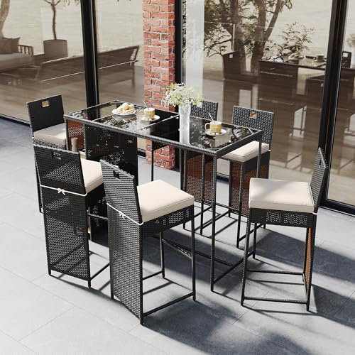 Laxnb Poly Rattan Gartenmöbel Set Garten Lounge Möbel 7 TLG Gartenbar Set, Ablage Bartisch & 6 Barstuhl, Theke Bar Gartentheke Stehtisch, Outdoor Balkonmöbel Terrassemöbel, Schwarz-Dunkelbraun