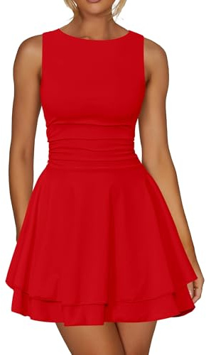 Kaximil Women's Ruffle Hem Boat Neck Mini Dress Sleeveless Ruched Corset Short Party Dresses, X-Small, Red