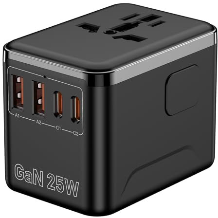 Adattatore Universale da Viaggio, Presa Universale da Viaggio con 2 USB A e 2 USB C – Compatibile con USA, UE, Giappone, Regno Unito, Australia, Messico e 180+ paesi (Nero)