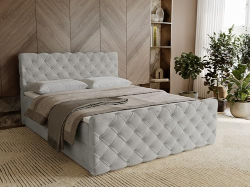 GRAINGOLD Lunaris Bett 140x200, Boxspringbett mit Bettkasten, Polsterbett mit Bonell-Matratze, Samt Stoff, mit Topper, mit Kopftei (Hellgrau, 140x200)