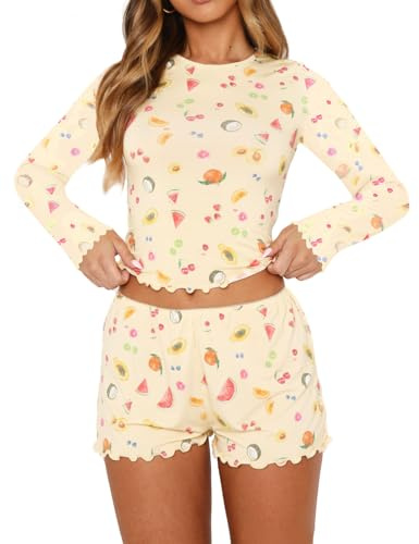BONITEE Womens 2 Piece Pajamas Sets Cute Cropped Tops Sexy PJ Set 2025 Trendy Fall Shorts Nightwear Outfits Yellow-Fruits,M