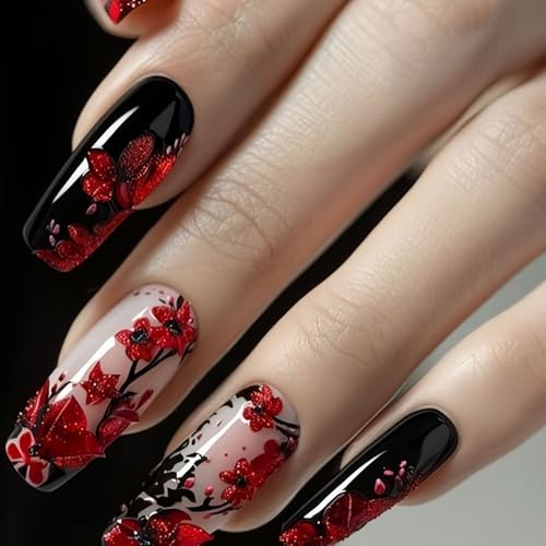 24PCS Rose Flower Press On Nails - Short Square Fake Nails with Black Glitter & French Tip Summer Gothic Art Set for Women Coffin Style Stick On Tips for Party Daily Wear