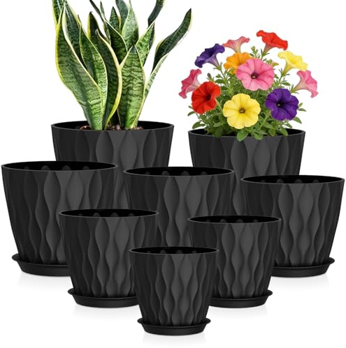 WSMKSZ 8er Set Blumentopf mit Untersetzer, 10 bis 20 cm Pflanztöpfe Innen | Kunststoff Blumentöpfe Set mit Mehrere Ablauflöcher, Moderne 3D-Wellenstruktur, Übertopf Außen für Balkongärten, Schwarz