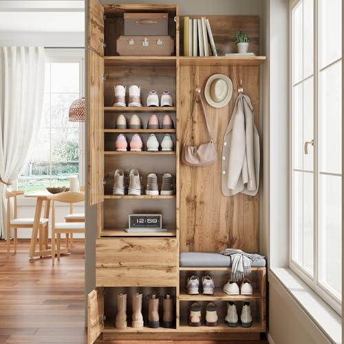 Lcoho Kompaktgarderobe mit Spiegel und Sitzbank,Flurgarderobe mit Schuhschrank und Haken, Kleiderhaken,Kompaktgarderobe,Flurmöbel Set,Flurgarderobe