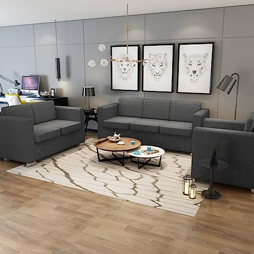 Teenpull Dreiteilige Sofagarnitur, Stoff Dunkelgrau, Modernes Design für Wohnzimmer und Büro, Robuster Holzrahmen, Abnehmbare Kissenbezüge, 1er, 2er, 3er Sofa Set
