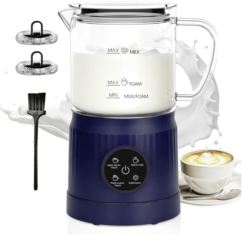 Montalatte Elettrico 4 in 1, Cappuccinatore Elettrico per Calda e Fredda, Scaldalatte in Vetro, Macchina Automatica per Caffè Latte, Cioccolata (BIu)
