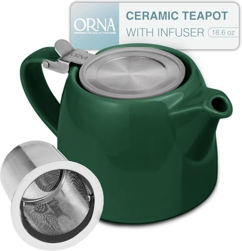 ORNA Ceramic Teapot with Tea Infuser – Small Tea Pot for Loose Leaf Tea – 550ml / 18.6 Oz Porcelain Teapot for 2 Cups with Tea Strainer (Forest Green)