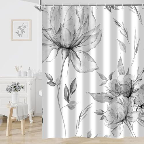 Hnmdmyi Duschvorhang Aquarell Blumen 180x220, Grau Boho Blumen Blätter Moderne Minimalistische Ästhetische Kunst Badewanne Vorhang Wasserdicht Polyester Stoff Waschbar Badevorhang mit Haken