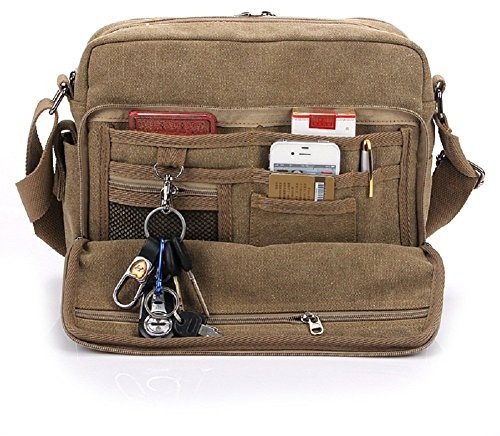 Mens Messenger Bag Canvas Crossbody Purse Womens Canvas Handbag Travel Shoulder Bag Leisure Bags Multi-pocket Khaki