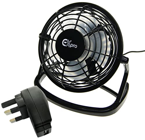 Ex-Pro Mini 4 Inch Ultra Quiet Desktop Cooling USB Fan with USB Mains Power, with Tilting Design, Perfect for Home and Office Use, Simple Plug and Play - Black