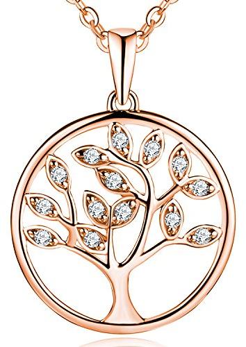 JO WISDOM Collier Pendentif Arbre de vie Yggdrasil Argent 925/1000 Femme AAA Zirconium avec plaqué or rose