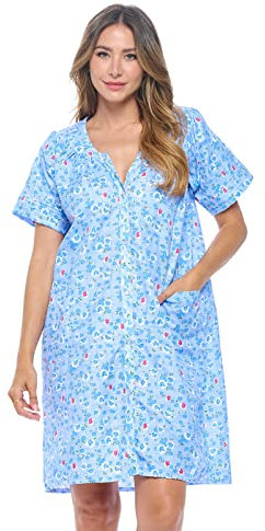 Casual Nights Women's Snap Front House Dress Short Sleeve Woven Duster Housecoat Lounger Robe, Floral Blue, 3X-Large