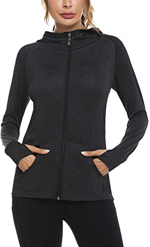 Woman Plain Zip Up Hoodie Top Ladies Long Sleeve Sport Workout Hooded Jacket Sweatshirt Coat Hoody Jacket with Pockets and Thumb Holes Black