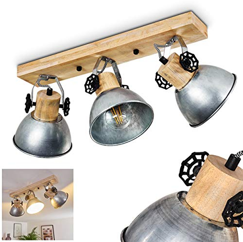 Deckenleuchte Orny, Deckenlampe aus Metall/Holz in Zink/Braun, 3-flammig, mit verstellbaren Strahlern, 3 x E27-Fassung, Spot im Retro/Vintage Design, ohne Leuchtmittel