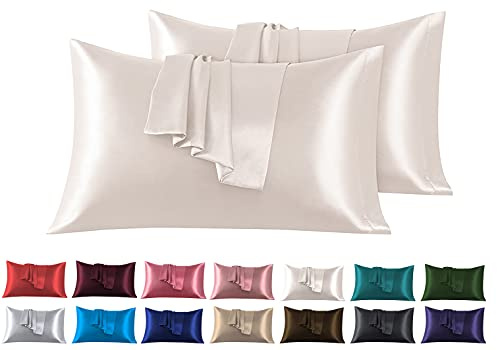 Satin Kissenbezug 45 x 70 cm 2 Stück- 100% Satin, Superweicher Kopfkissenbezug, Kissenhülle Beige
