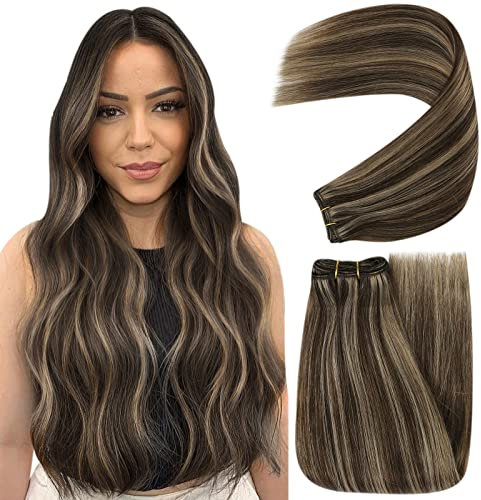 YoungSee Echthaar Tressen zum Einnähen Dunkelbraun 40cm Tressen Extensions Echthaar Braun Blond Tressen Echthaar Gesträhnt Braun Invisible Weft Hair Extensions Echthaar 100g #P4/27