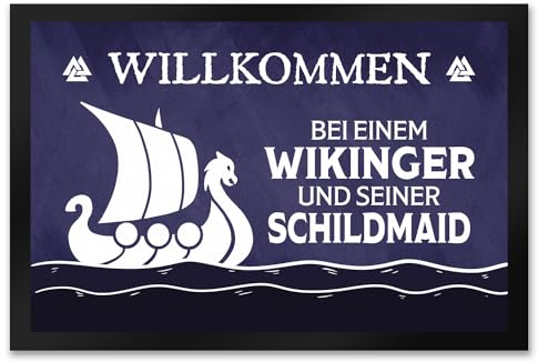 Willkommen bei einem Wikinger und Seiner Schildmaid Fußmatte XXL in 50x75 cm mit Segelboot Motiv Als Geschenk zur Hochzeit für Paare Nordmänner Vikings