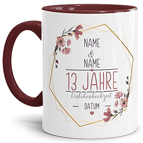Tasse zum Hochzeitstag Veilchen Hochzeit - mit Name & Datum selbst gestalten - 13 Jahre Ehe, Paar, Geschenk Hochzeit, Jubiläum, Jahrestag I Personalisiert, Keramik Innen & Henkel Weinrot 300 ml