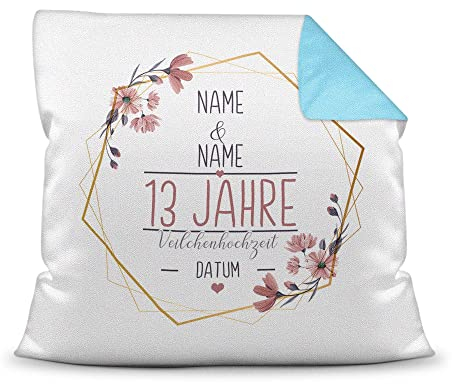 Tassendruck Kissen Hochzeitstag Veilchen Hochzeit - mit Name & Datum selbst gestalten - 13 Jahre Ehe, Geschenk Hochzeit, Jubiläum, Jahrestag - Farbkissen Rückseite Hellblau, 40x40 cm I Personalisiert