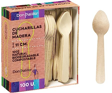 DON PALILLO - 100 Cucharillas desechables de madera de 11 cms. 100% Natural, ecológico y biodegradable
