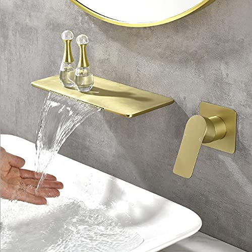 SXLSZ Gebürstetes Gold Wandmontage Wasserfall Bad Wasserhahn 2-Loch-Unterputz Waschtischarmatur Einhebel Mischbatterie Badarmatur Waschbecken Armaturen Für Badezimmer Aus Messing,Gebürstetes Gold