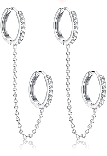 KRFY 925 Sterling Silver Chain Hoop Earrings 18K Gold Plated Minimalist Threader Dangle Earrings CZ Cartilage Helix Tassel Drop Cuff Huggie Earrings for Women Teen Girls