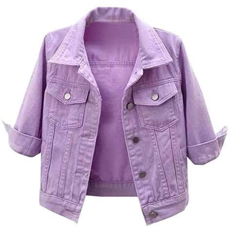 HYMCX Women's Short Sleeve Cropped Denim Jacket 3/4 Sleeve Ripped Distressed Jean Jackets Coat (Color : Purple, Size : S)