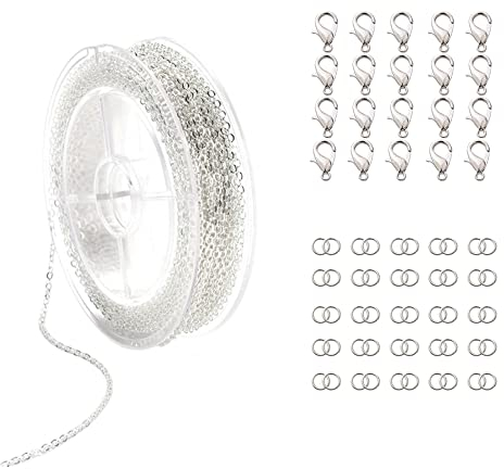 Niaciswe Gliederkette 12m Ketten Set DIY Versilberte Link Kette Gliederkette Meterware Gliederkette Silber mit 20 Stück Hummerverschlüsse und 50 Stück 4mm Biegeringe für Basteln DIY
