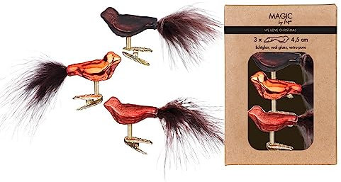 Christbaumschmuck Glas 4.5cm x 3 Stück Vögel auf Clip in Kartonbox braun orange Mix Shiny Chestnut