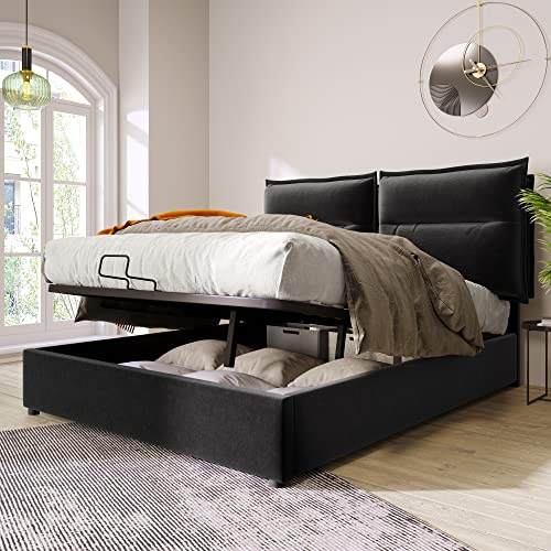 FEZTOY Stauraumbett Hydraulisch Polsterbett Doppelbett 140x200cm Bett Schlafzimmerbett - Verstellbares Kopfteil/Lattenrost/Samt - Modernes Bettgestell mit Großer Stauraum, Schwarz (Ohne Matratze)